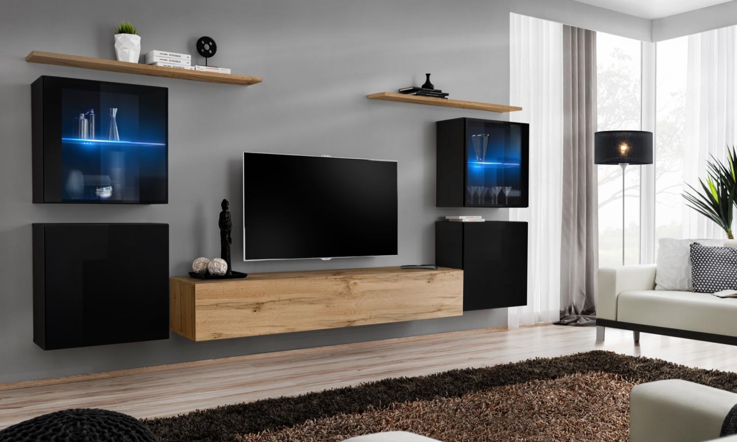 Hängende Wohnwand Switch XIV in Schwarz und Wotan 320 x 160 cm 7-teilig Bild 1