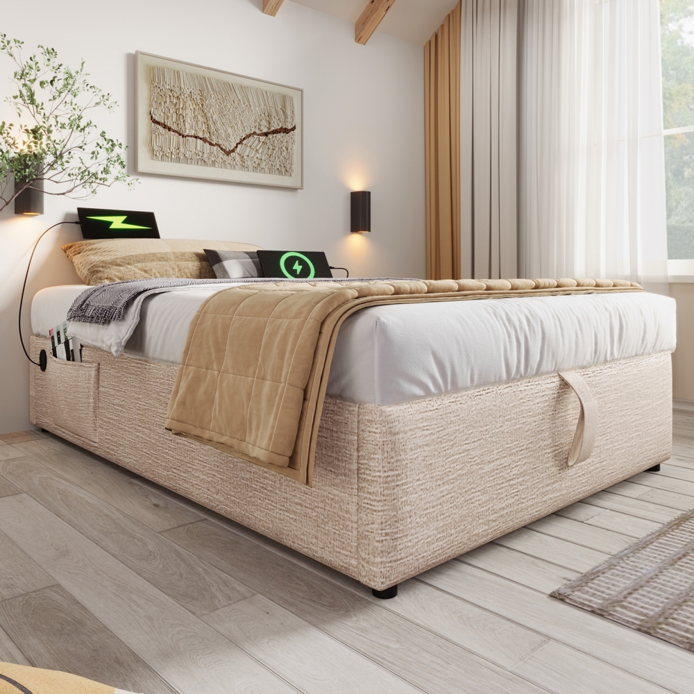 Polsterbett 90x190 cm aus Leinen mit Stauraum und USB- und Type-C-Anschlüssen – platzsparend und komfortabel Bild 1