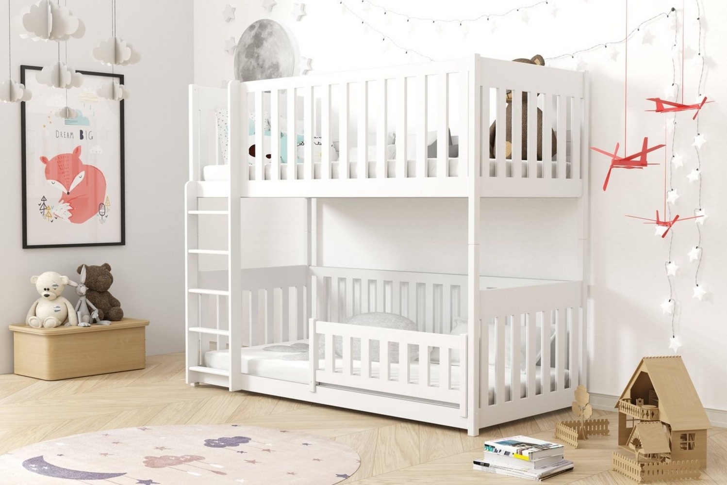 Deine Möbel 24 Etagenbett Hochbett Kinderbett CORA für 2 Kinder 90x200 GRAU WEISS (in 2 Kinderbetten umbaubar, Matratzen optional, inkl. Lattenrost), aus Massivholz Kiefernholz Vollholz, hohe Rausfallschutz Bild 1