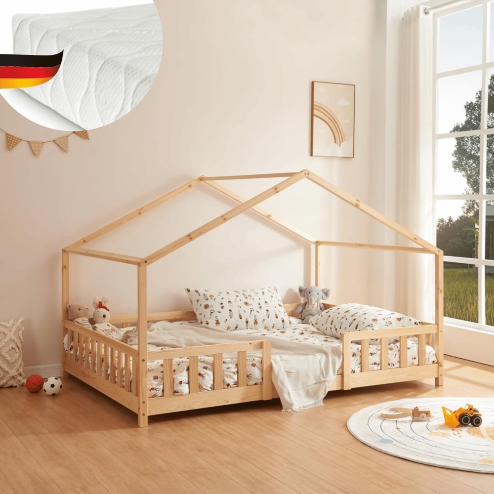 DELUKE® Kinderbett 120x200 cm MILA - mit Matratze Lattenrost Rausfallschutz Hausbett Kinder Haus Bett Kinderzimmer Bodenbett Einzelbett Kinder Bett Klein Kinderbett Montessori Bett Braun Bild 1