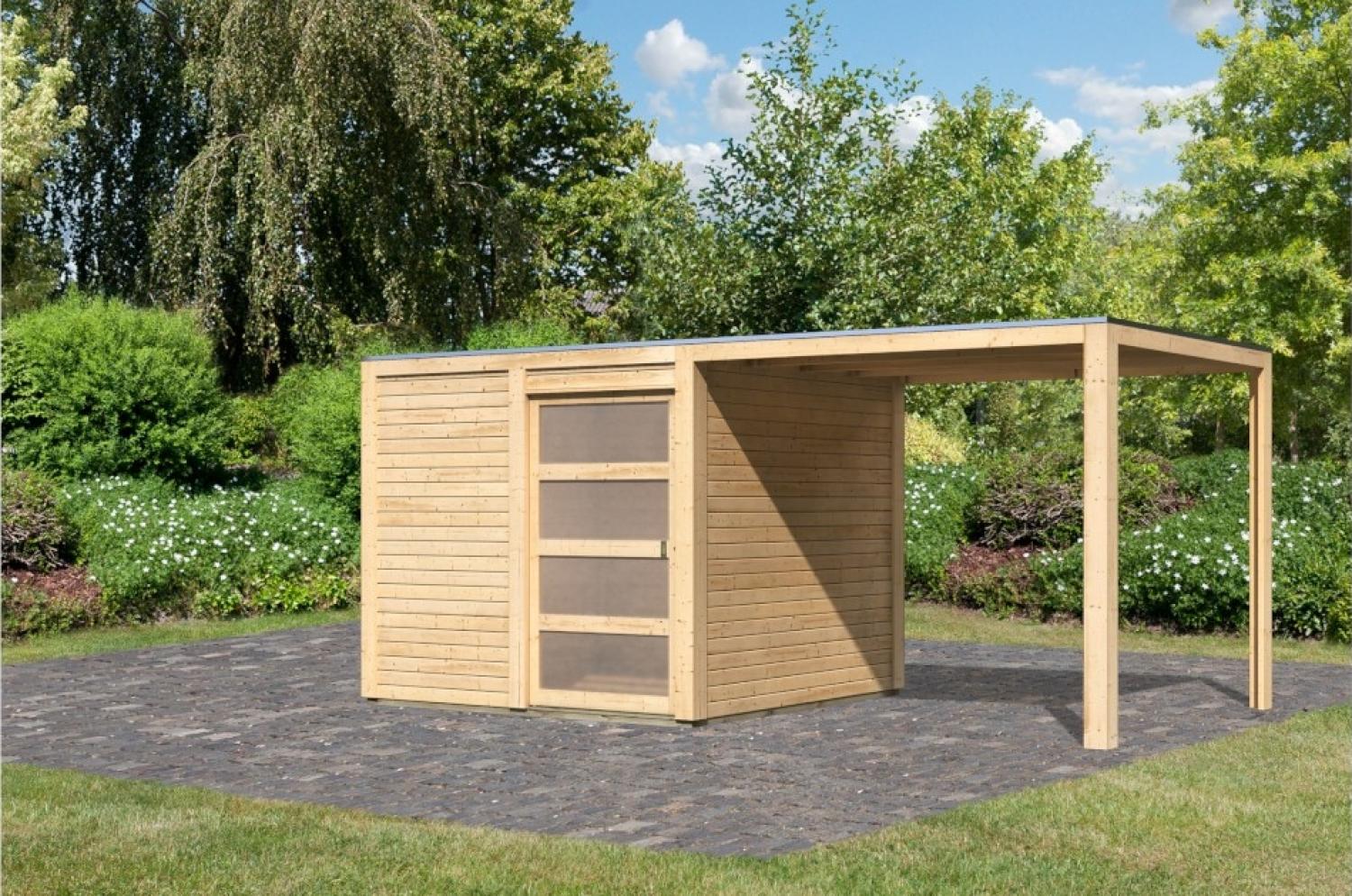 Karibu Gartenhaus 19 mm Qubic 1 mit Anbau 484 x 246 cm naturbelassen Bild 1