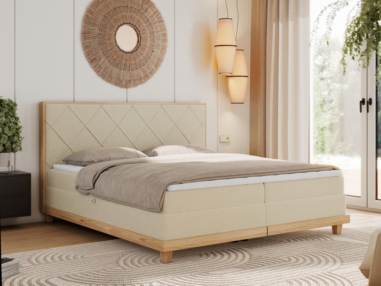 Boxspringbett mit Massivholzelementen und Multipocket - Matratzen - CAICOS - 180 x 200 cm - Beige Boucle - H4 Bild 1