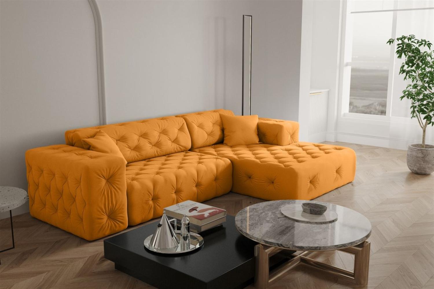 Ecksofa Designersofa CHANTAL in Stoff Opera Velvet Gelb Ottomane Rechts Bild 1