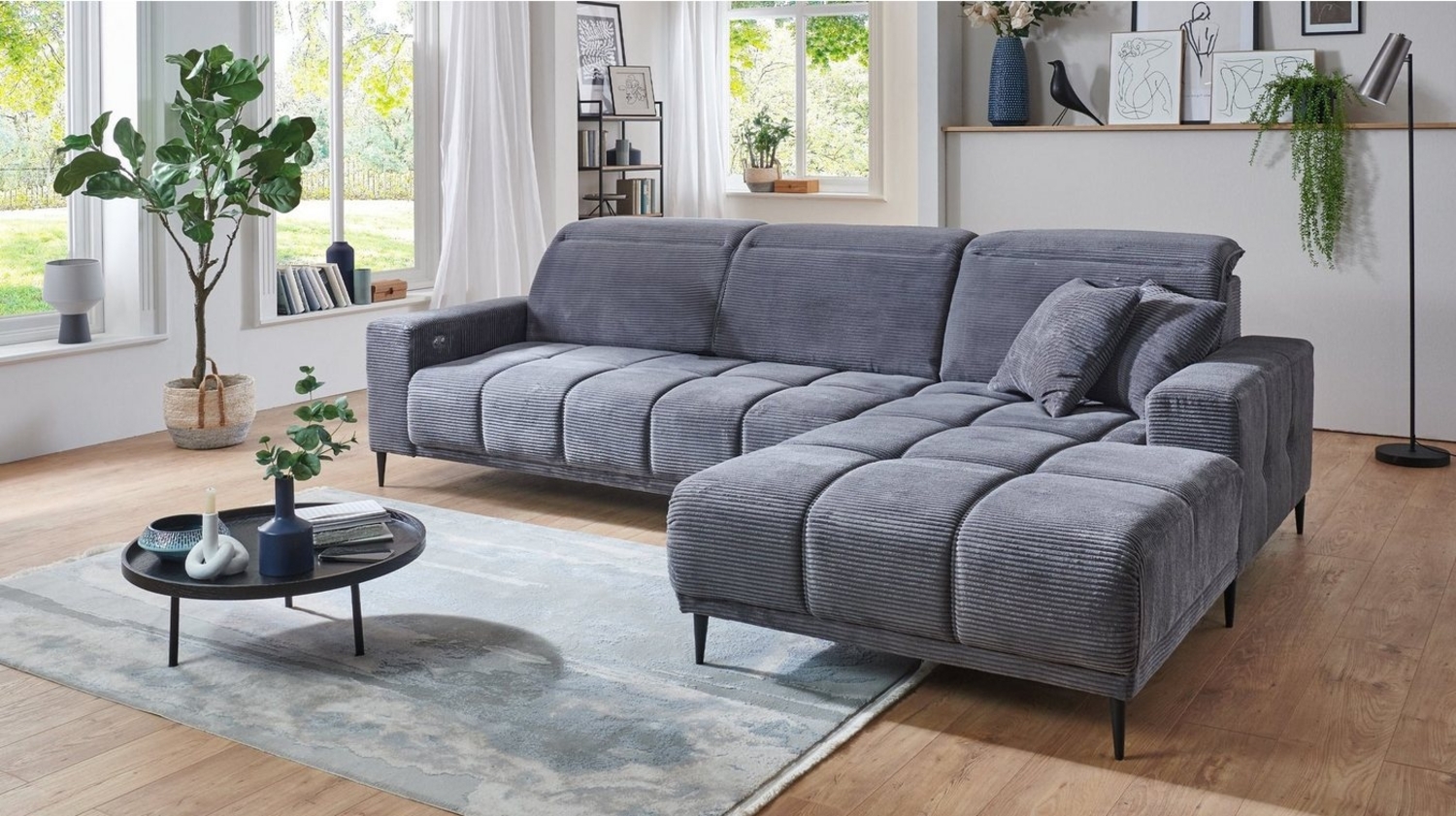 Massivart® Ecksofa MARISOL Cord grau, beige, rost, grün / 286 cm / Cordsofa, Kopfteilverstellung / Sitztiefenverstellung / Nosagunterfederung Bild 1