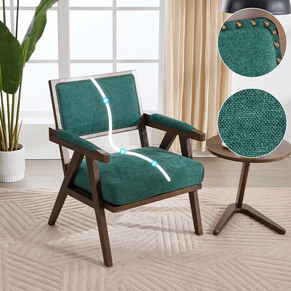 Loungesessel mit Massivholzrahmen & Stoffbezug, Retro Einzelsessel mit Nieten, Polstersessel für Wohnzimmer & Büro,Grün Bild 1