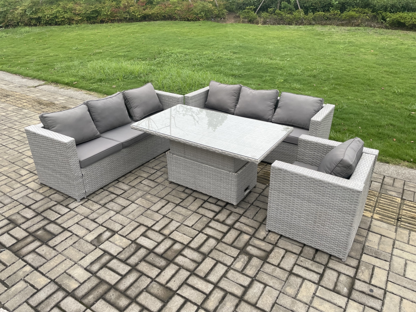 Fimous Polyrattan Gartenmöbel Set mit 2 Sofa; Höhe verstellbar Esstisch und Sessel Outdoor Terrassen Essgruppe Helles Grau Bild 1