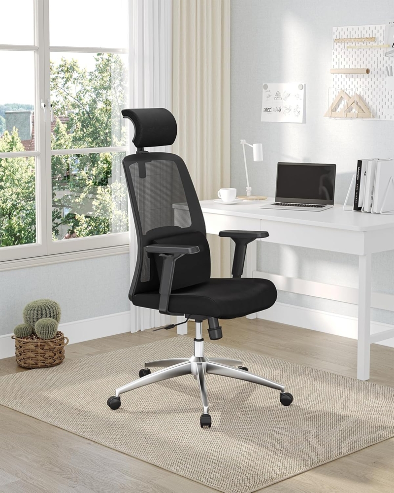 Bürostuhl Ergonomisch, Computerstuhl, Drehstuhl mit Mesh, Netzstuhl, Verstellbarer Lordosenstütze und Kopfstütze, Herausnehmbarem Lendenkissen, Höhenverstellbar, Bis 150 kg, Schwarz Bild 1