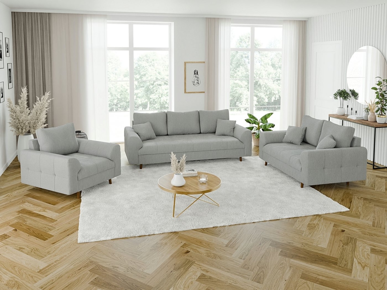 S-Style Möbel Polstergarnitur 3+2+1 Zara mit Braun Holzfüßen im skandinavischen Stil aus Cord-Stoff, (1x 3-Sitzer-Sofa, 1x 2-Sitzer-Sofa, 1x Sessel), mit Wellenfederung Bild 1