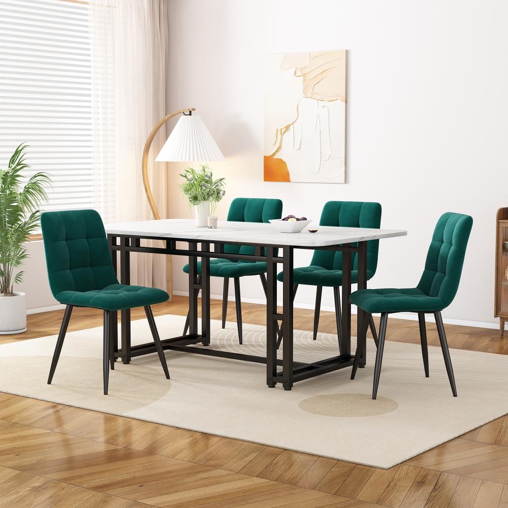 Merax 120cm Esstisch mit 4 Stühlen Set Esszimmer Sitzgruppe, Metallbeine,Essgruppe, (5-tlg), Samt, Grün Bild 1