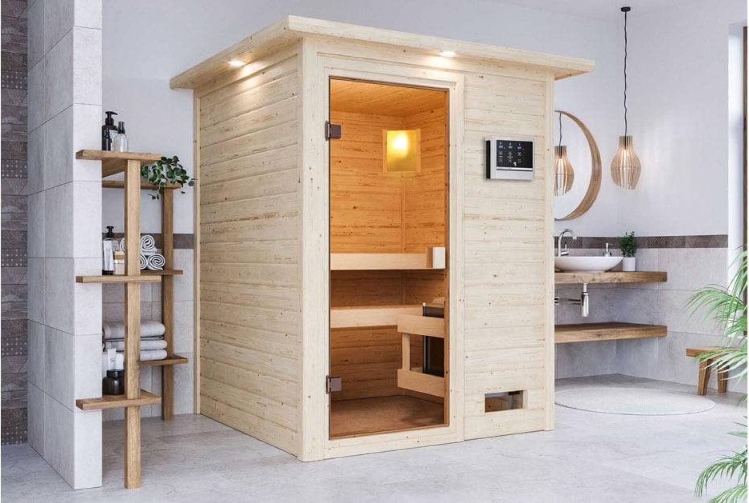 Karibu Sauna Sandra mit Dachkranz + 3,6kW Plug&Play Ofen externe Steuerung Bild 1