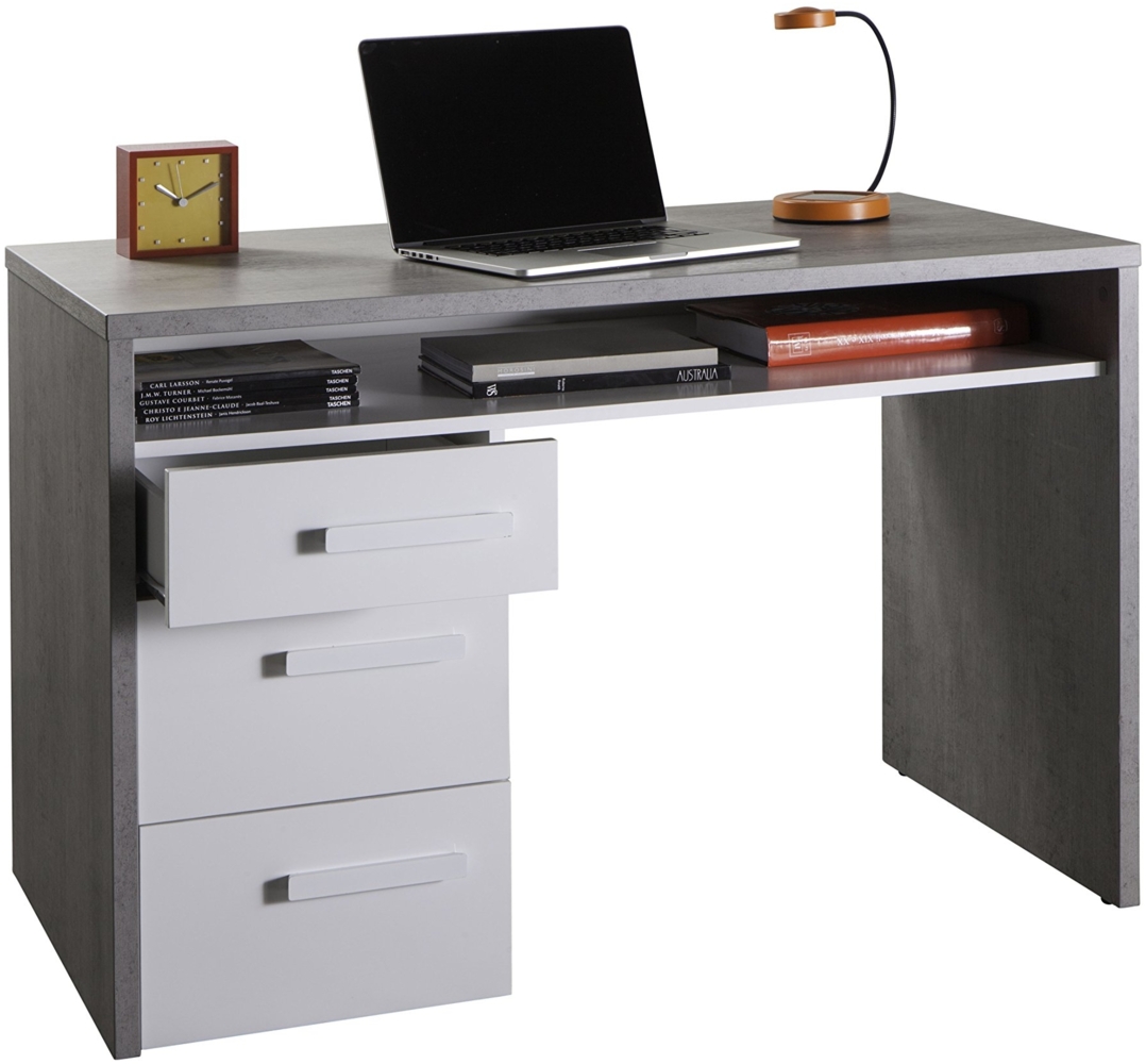 Dmora Schreibtisch mit Kommode mit drei Schubladen und einem Regal, Farbe Beton und Weiß, 110 x 77 x 60 cm Bild 1