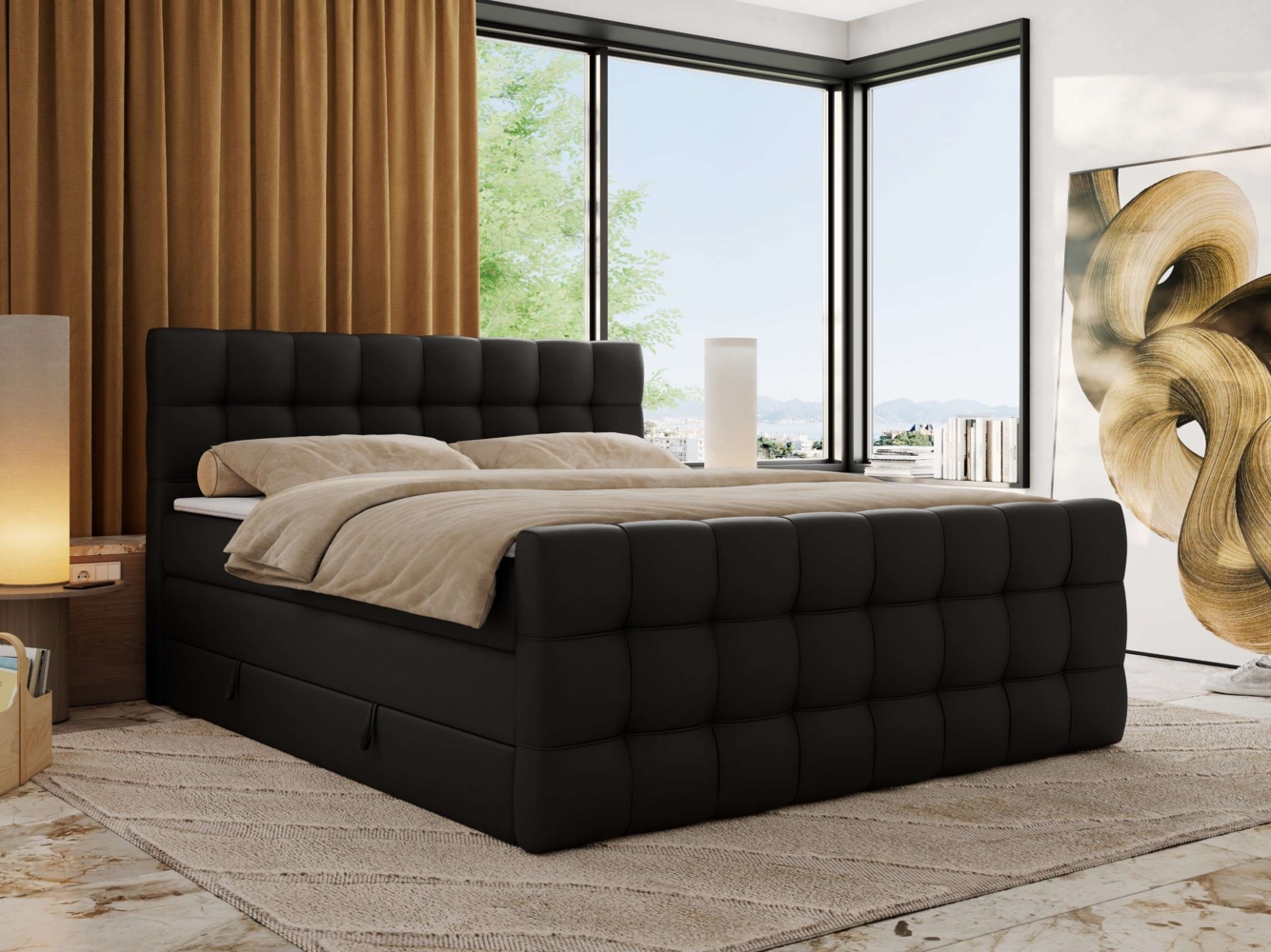 Boxspringbett ALTIVO KING DUO, Doppelbett mit Stauraum Multipocket-Matratze und Topper Bett mit Kopfteil, Fußteil - 200x200 cm - Schwarz Kunstleder - H4 Bild 1