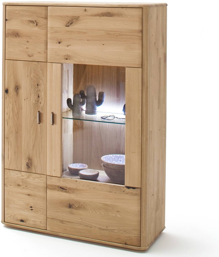 Esszimmer Highboard mit Glaseinsatz links ROSARIO-05 aus Balkeneiche Bianco massiv, mit LED - B/H/T: 96/140/38cm Bild 1