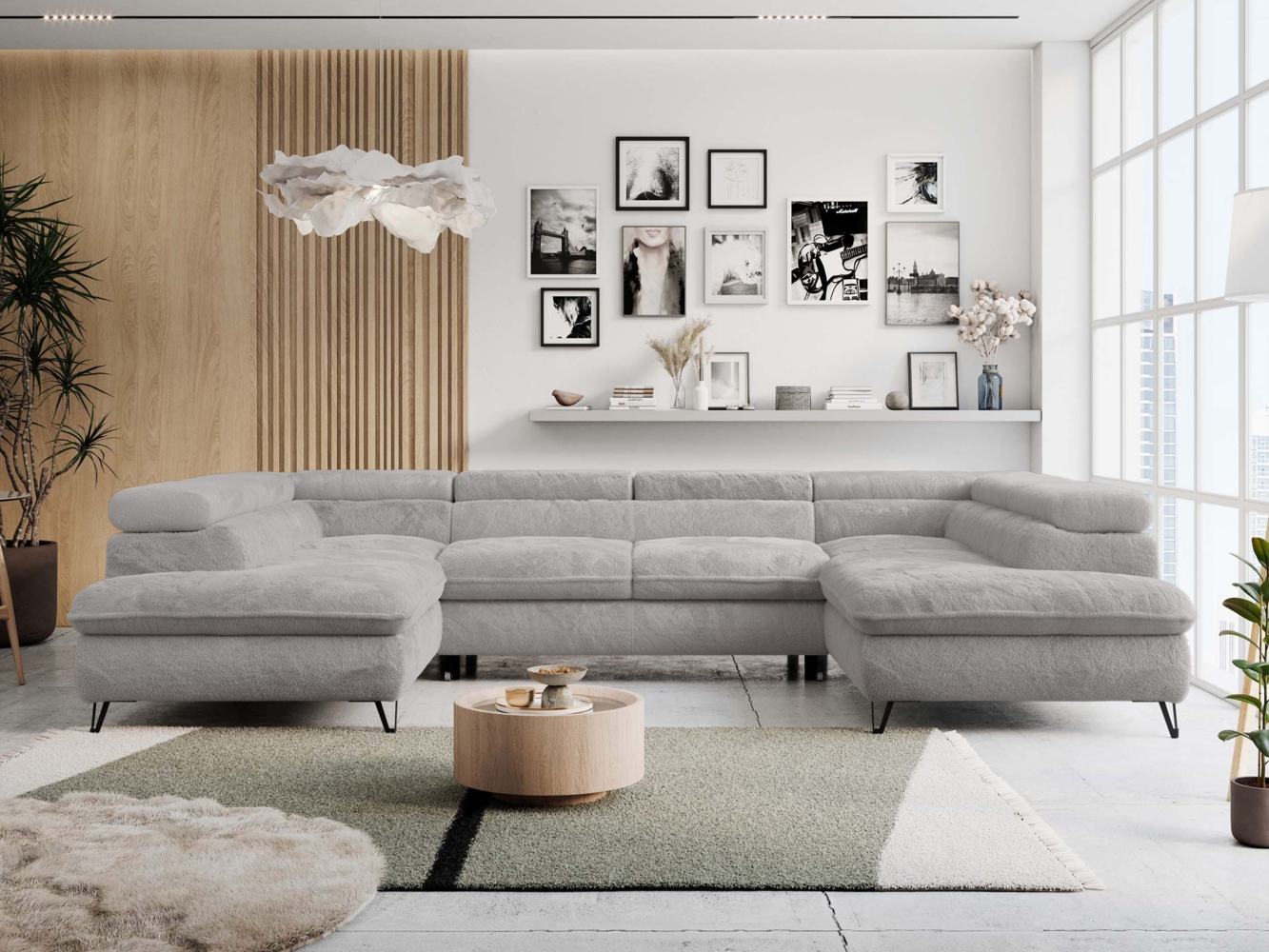 Ecksofa U-Form, mit Bettkasten, Bettfunktion und Einstellbare Kopfstützen, Sofa big XXL - PETER U - Hellgrau Plüsch Bild 1