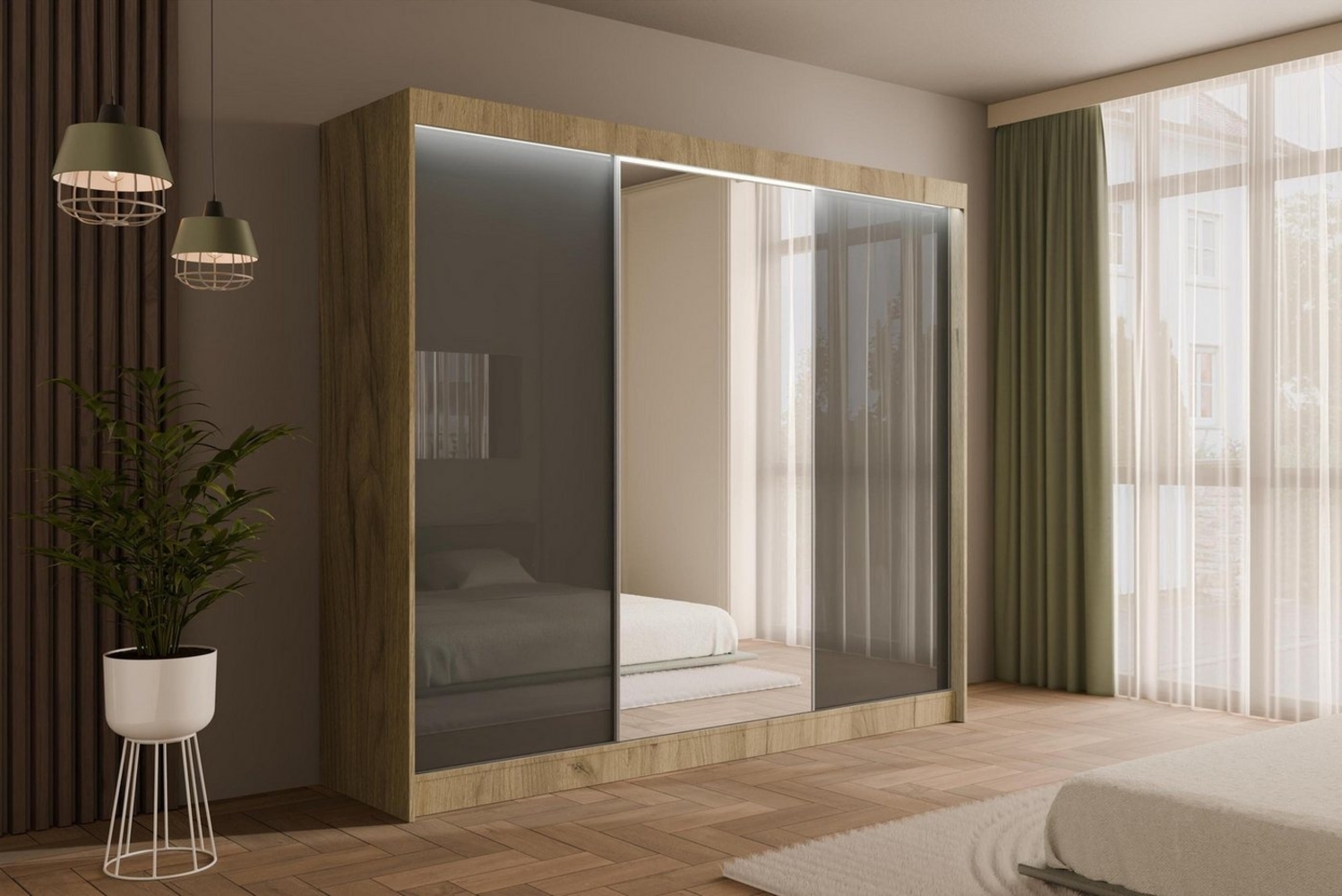 ALTDECOR Schiebetürenschrank VESLI (Kleiderschrank Garderobenschrank mit viel Stauraum Moderner Schrank) Spiegel Spiegeltüren Vielseitiger Schwebetürenschrank LED Beleuchtung Bild 1