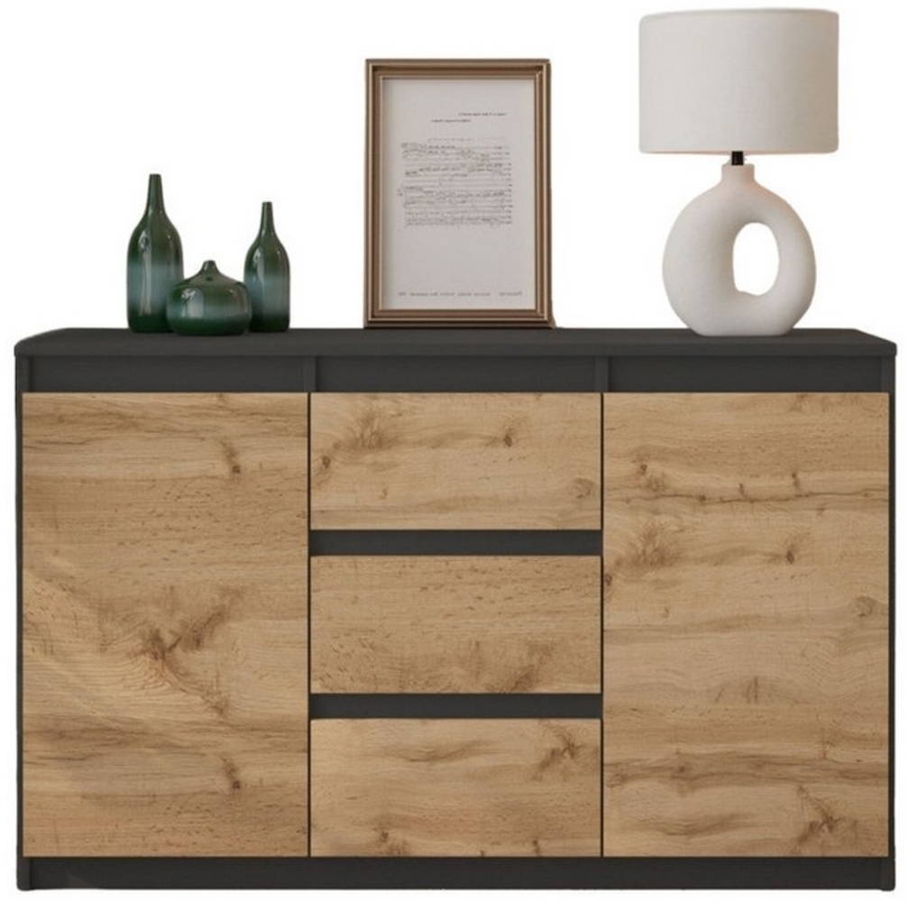 Furnica Kommode Sideboard 3 Schubladen und 2 Türen - Anthrazit Grau H75cm B120cm T35cm Bild 1