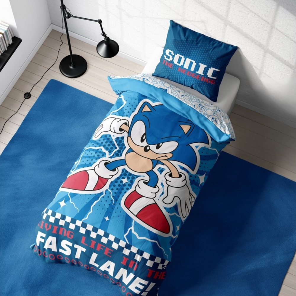 MTOnlinehandel Kinderbettwäsche Sonic the Hedgehog, Geschenk für Gamer, Mikrofaser, 2 teilig, Wendebettwäsche in 135x200 + 80x80 cm, Gaming Bild 1