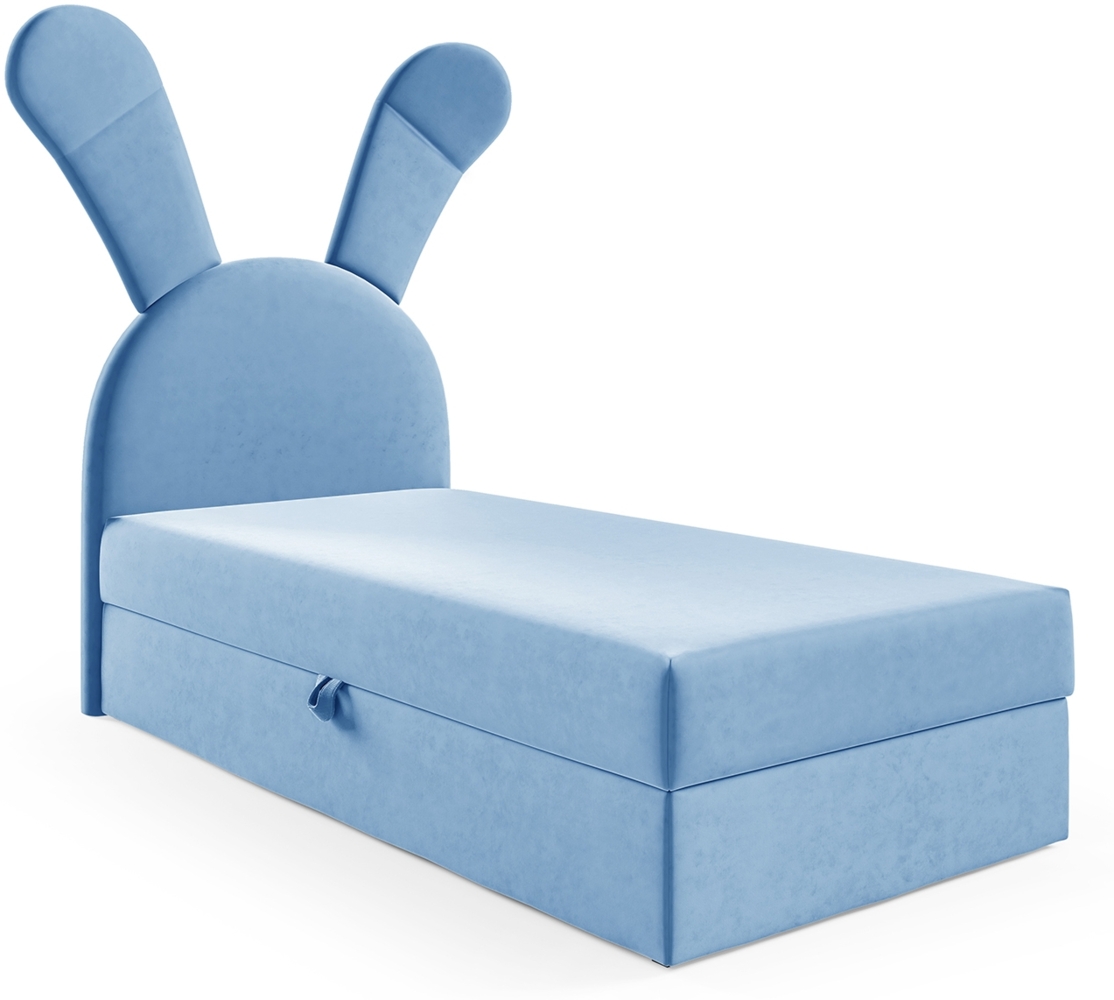 MEBLINI Kinderbett mit Bettkasten KANINCHEN 100x200 Links – H3/Blau Samt Gepolstert Einzelbett mit Matratze - Polsterbett mit Stauraum - Bett mit Kopfteil – Stauraumbett Bild 1