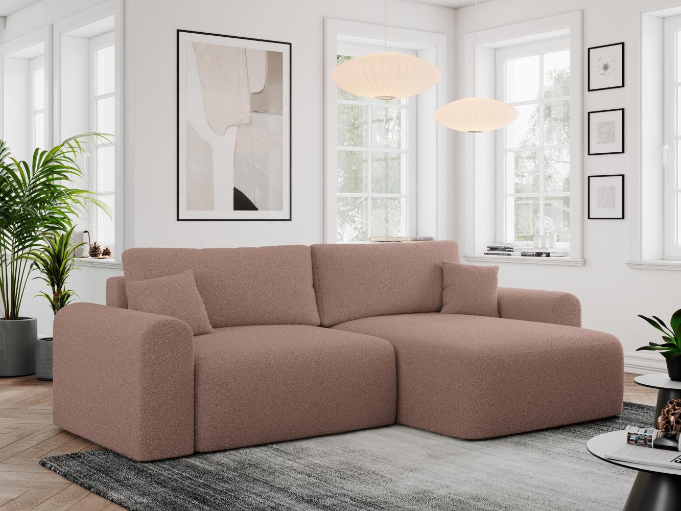 Ecksofa L-form, Couch mit Schlaffunktion und Bettkaste - NELSON - Rosa Boucle Bild 1