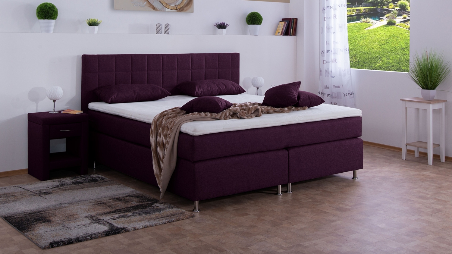 Meisterbetten Boxspringbett Inka 140x200 in WT-Brombeere, Matratzenbezug Nano, Komfortschaum-Topper Bild 1