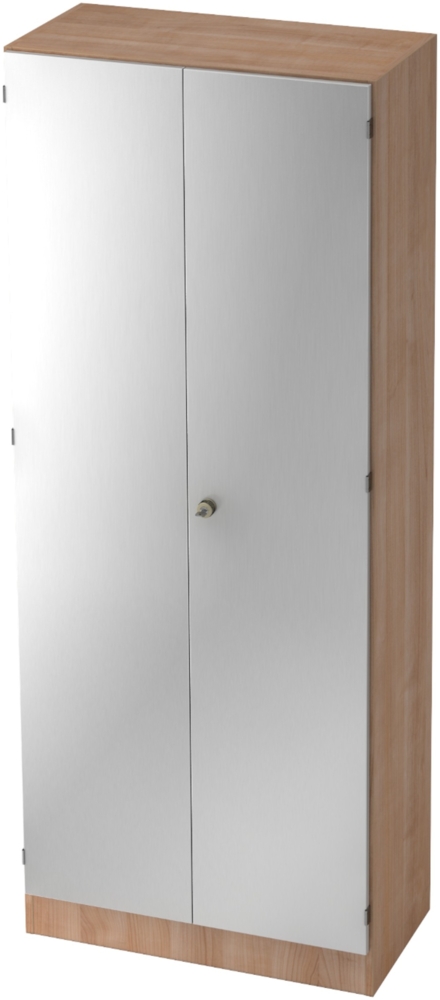bümö office Kleiderschrank Holz abschließbar mit Spiegel, Büroschrank 80 cm breit in Nussbaum/Silber - Flur Schrank als Garderobe für Jacken, Taschen & Co. im Arbeitszimmer - Büro Schrank, 6200-N-S-SG Bild 1