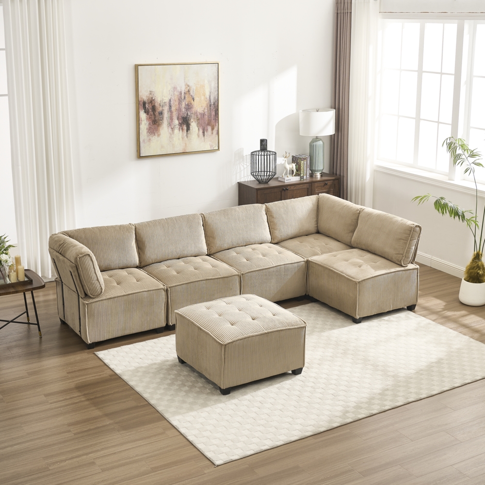LVHOM Modulares Sofa U Form 308 x 82 x 154 cm, 6-Sitzer mit Schlaffunktion, Modular Cord Ecksofa, umwandelbares Schaumstoffsofa, Sofagarnitur, Khaki Bild 1