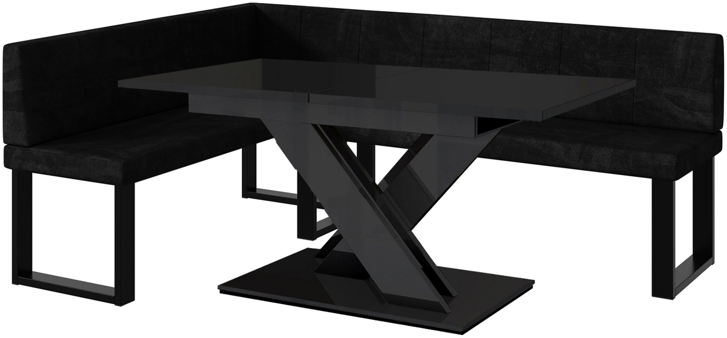 MEBLINI Eckbank für Esszimmer mit ausziehbarem Tisch - Küchenbank - Essecke - Sitzecke Küche - PETER - U-Beine 142 x 196 x 87 cm Links - Schwarz Samt/B Schwarz Hochgl. Bild 1