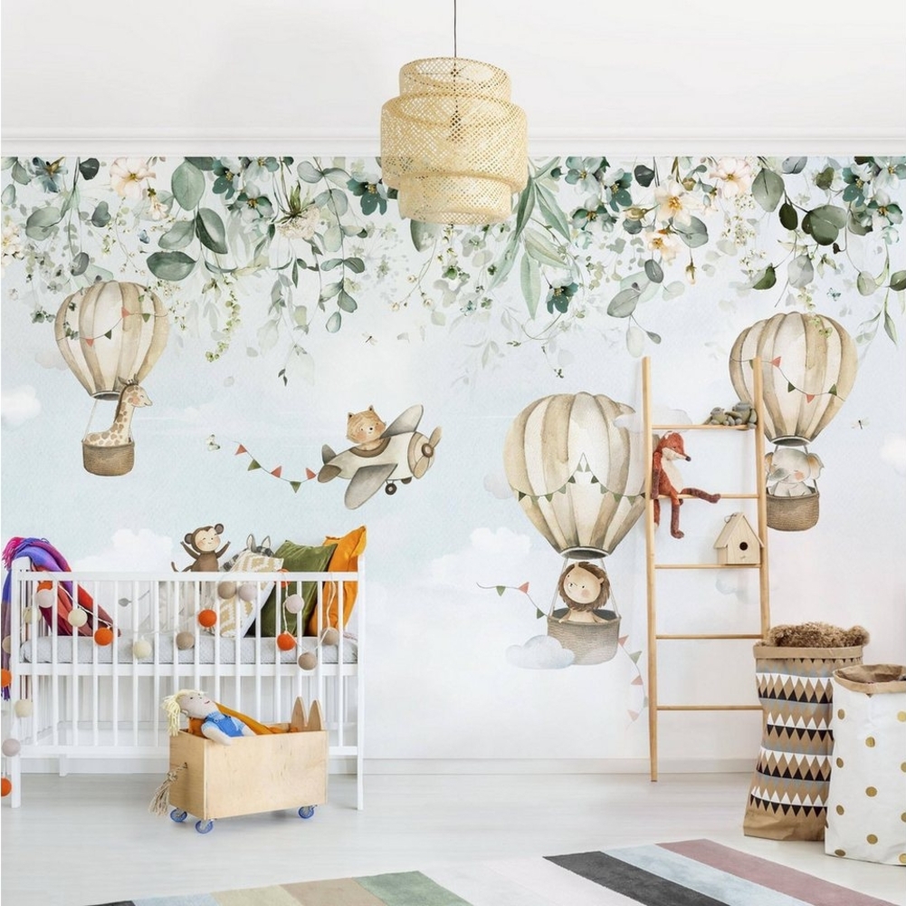 Bilderdepot24 Kindertapete Tropischer Flug Aquarell Kinder Kunst Tiere Weltall Himmel Sterne bunt, Glatt, Matt, (Vliestapete inkl. Kleister oder selbstklebend), Mädchenzimmer Jungenzimmer Babyzimmer Bildtapete Fototapete Wandtapete Bild 1