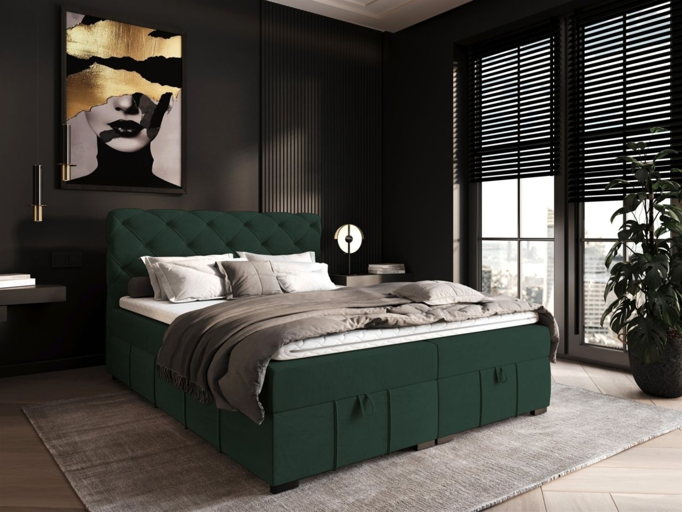 Boxspringbett Schlafzimmerbett GISEL 180x200cm Stoff Salvador Flaschengrün Bild 1