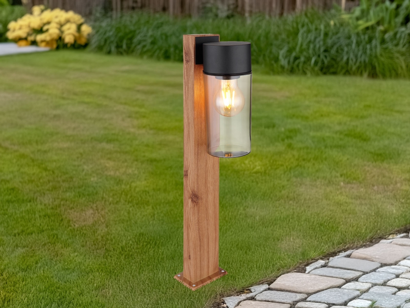 LED Wegeleuchte aus Edelstahl in Holzoptik mit rauchfarbigem Glas, Höhe 50cm Bild 1