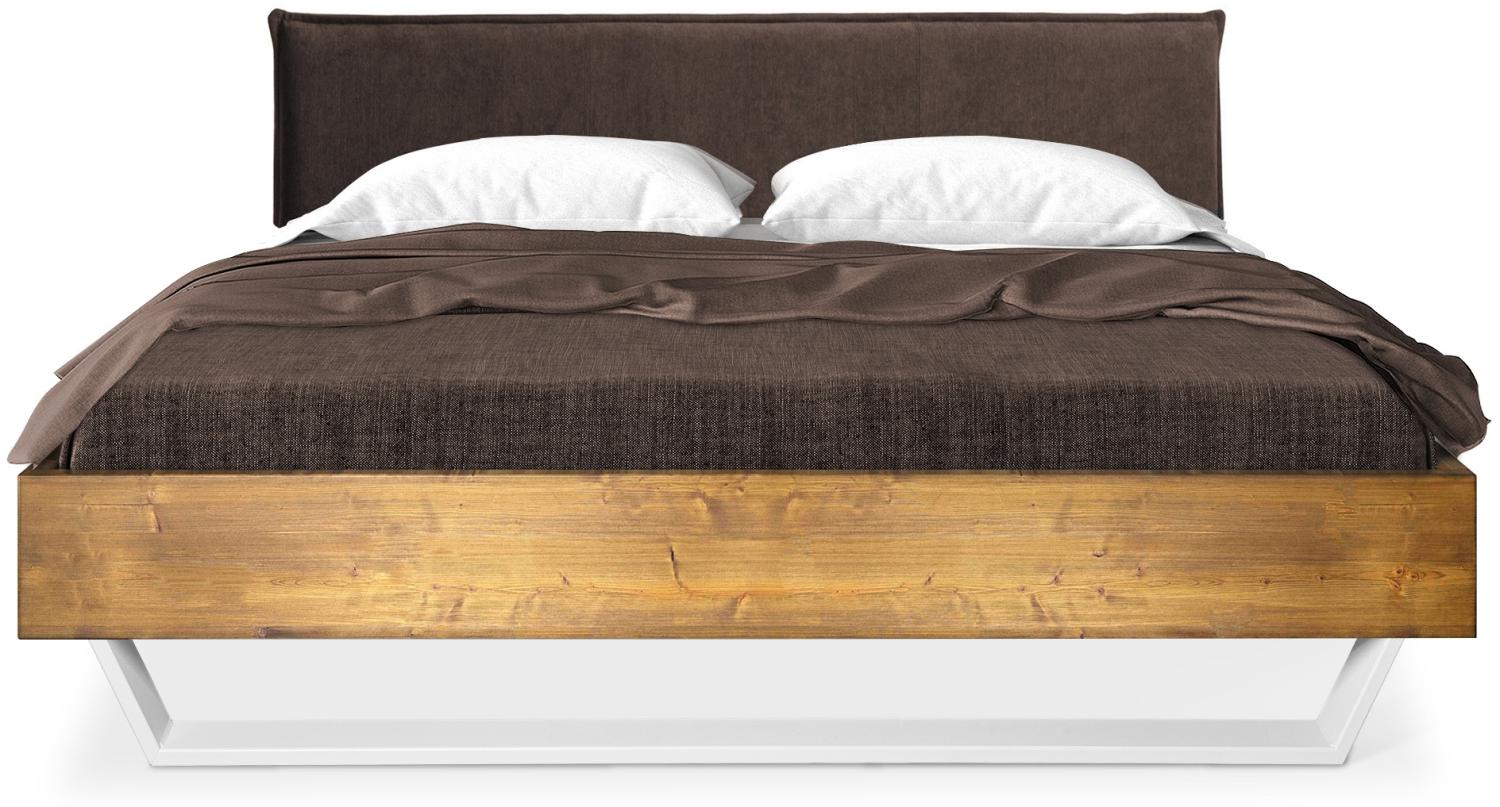 Möbel-Eins CURBY Kufenbett mit Polster-Kopfteil, Material Massivholz, rustikale Altholzoptik, Fichte, Kufen Weiß vintage 120x200 cm Stoff Braun Bild 1