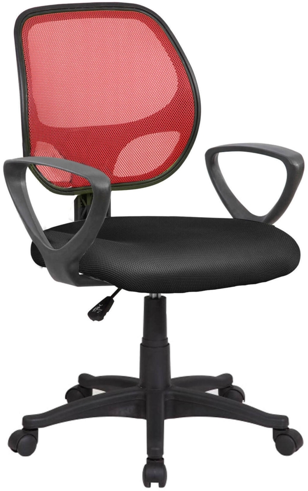Dmora Stuhl mit Rädern Filiberta, Mesh-Arbeitsstuhl mit Armlehnen, ergonomischer Bürositz, 56x57h88/100 cm, Schwarz und Rot Bild 1