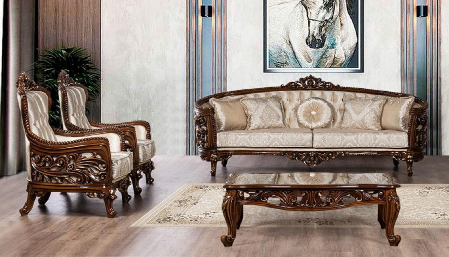 Casa Padrino Luxus Barock Wohnzimmer Set Beige / Braun / Gold - 2 Barock Sofas mit Muster & 2 Barock Sessel mit Muster & 1 Barock Couchtisch - Barock Wohnzimmer Möbel - Edel & Prunkvoll Bild 1