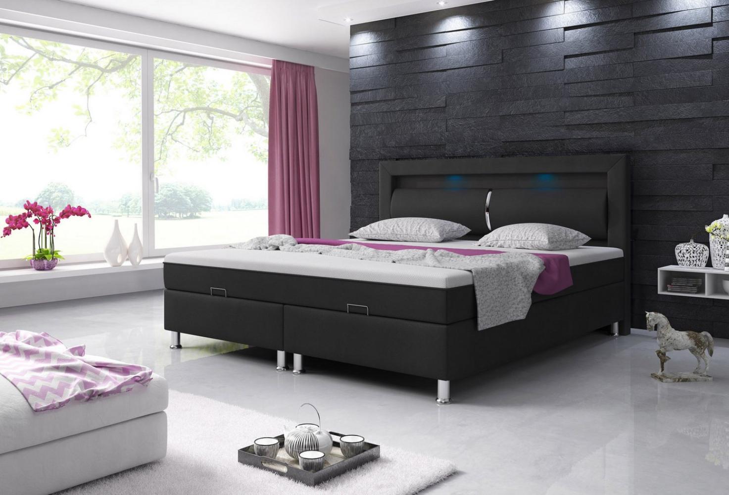 Boxspringbett 'Milano Plus' inkl Bettkasten, Topper, Matratze und LED-Beleuchtung, Kunstleder schwarz TYP 6, 180x200 cm Bild 1