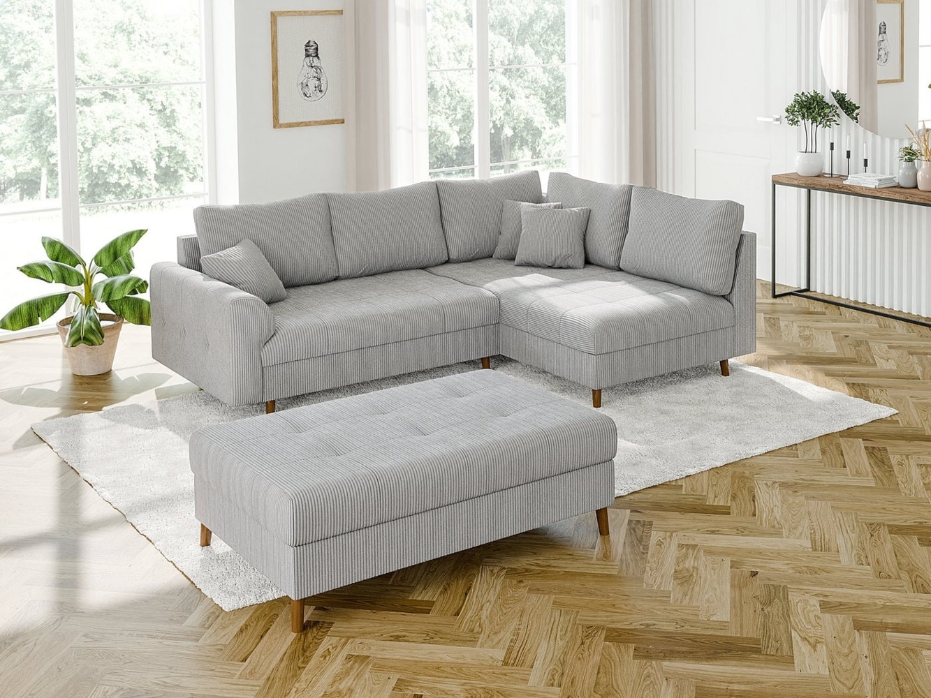 S-Style Möbel Ecksofa und Hocker Zara mit Schlaffunktion und Braun Holzfüßen aus Cord-Stoff, Ottomane links oder rechts bestellbar. Schlaffunktion in Kombination mit Hocker möglich, mit Wellenfederung Bild 1