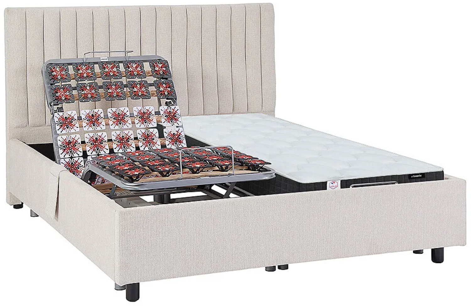 Vente-unique - Dekoratives Bett mit elektrischer Relaxfunktion mit Tellern + Taschenfederkern- & Memory-Schaum-Matratze - 2 x 70 x 190 cm - Stoff - Beige - ANTALISA von YSMÉE Bild 1