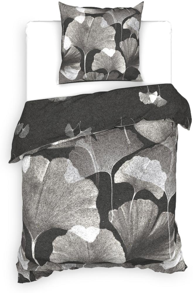 Heckett & Lane BCI Twill Bettwäsche 135x200 Debra grey Blätter Gingko schwarz Bild 1