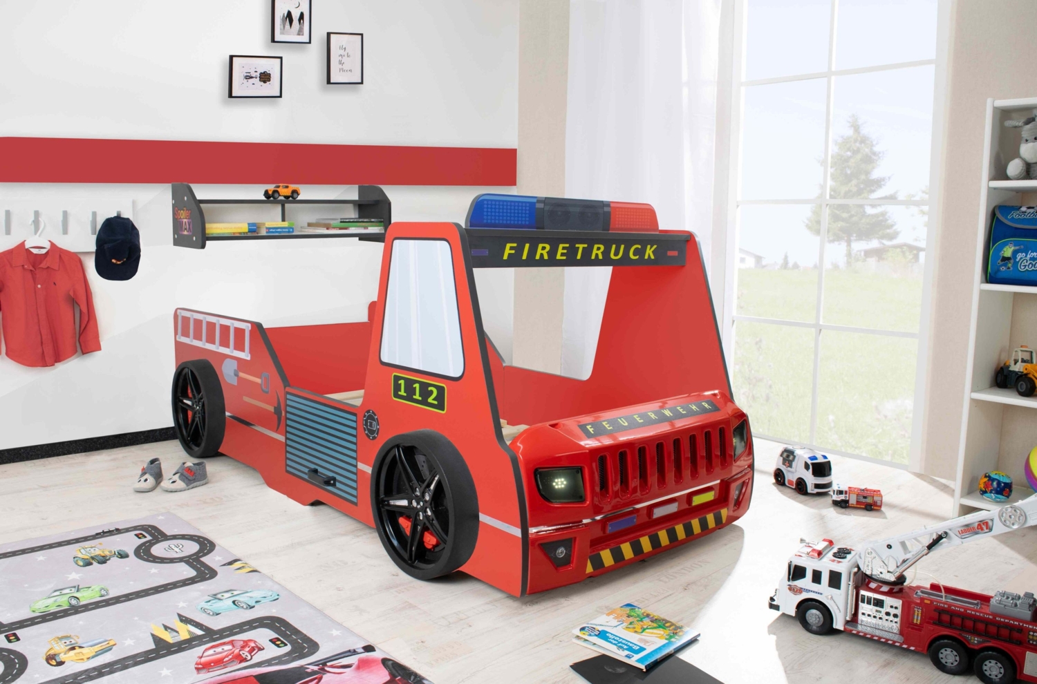 Autobett Kinder 90x200 cm Feuerwehrbett "Rio Firetruck" mit LED-Licht und Sirenenoptik Rot, ohne Matratze, ohne Bettwäsche, Spoiler Regal Bild 1