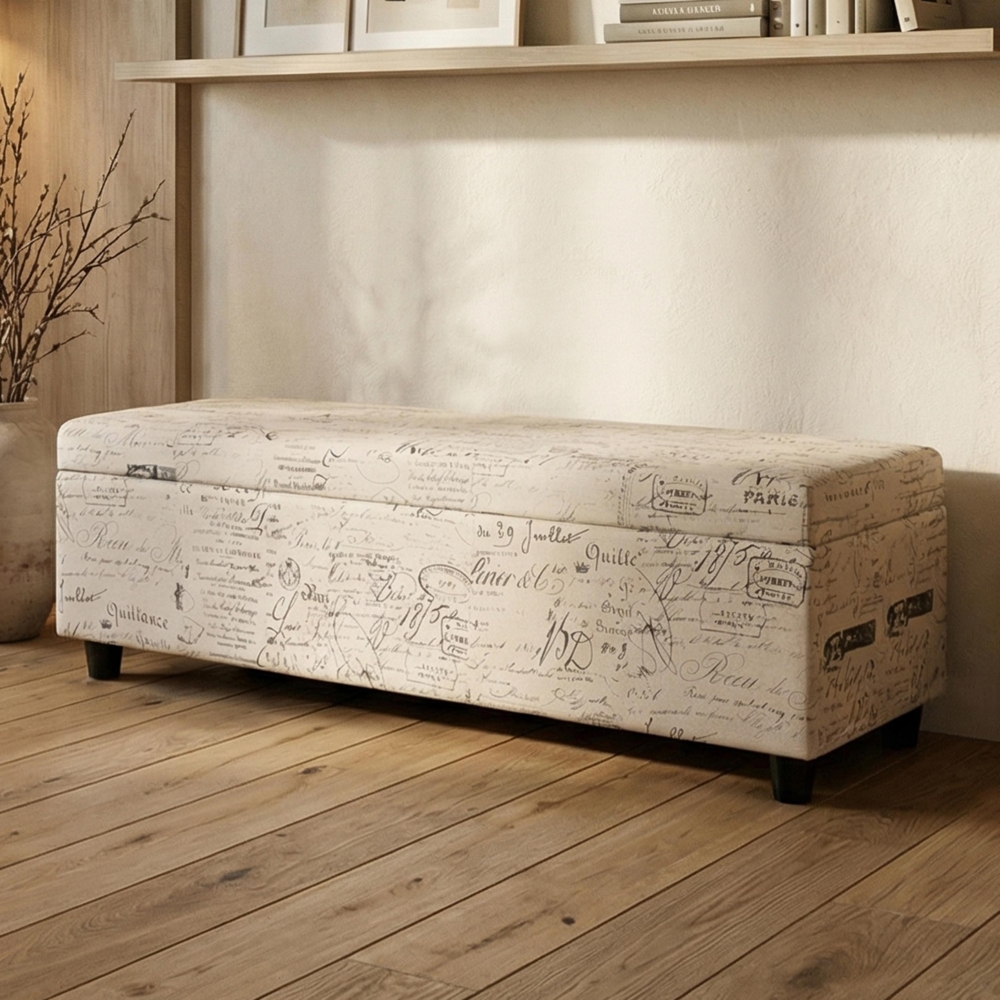 Aufbewahrungs-Truhe Kriens, Sitzbank Bank, Stoff/Textil, 45x114x45cm MVG-zertifiziert ~ Schriftzug, creme Bild 1