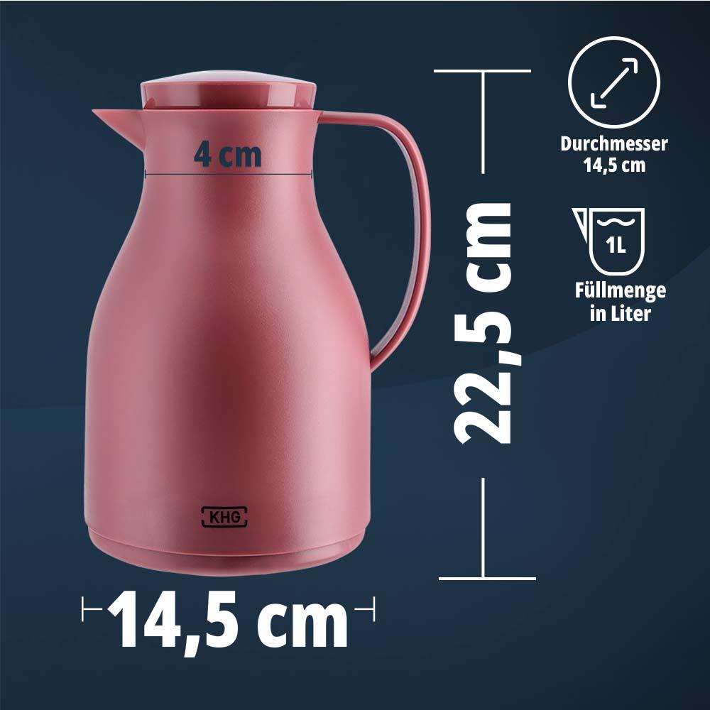 KHG Isolierkanne 1 Liter Rot Pastellrot, Quick Press & Drehverschluss, außen Kunststoff matt ,innen Glas BPA-frei, Thermoskanne 1l für heiße & kalte Getränke mit präzisem Ausgießer Bild 1