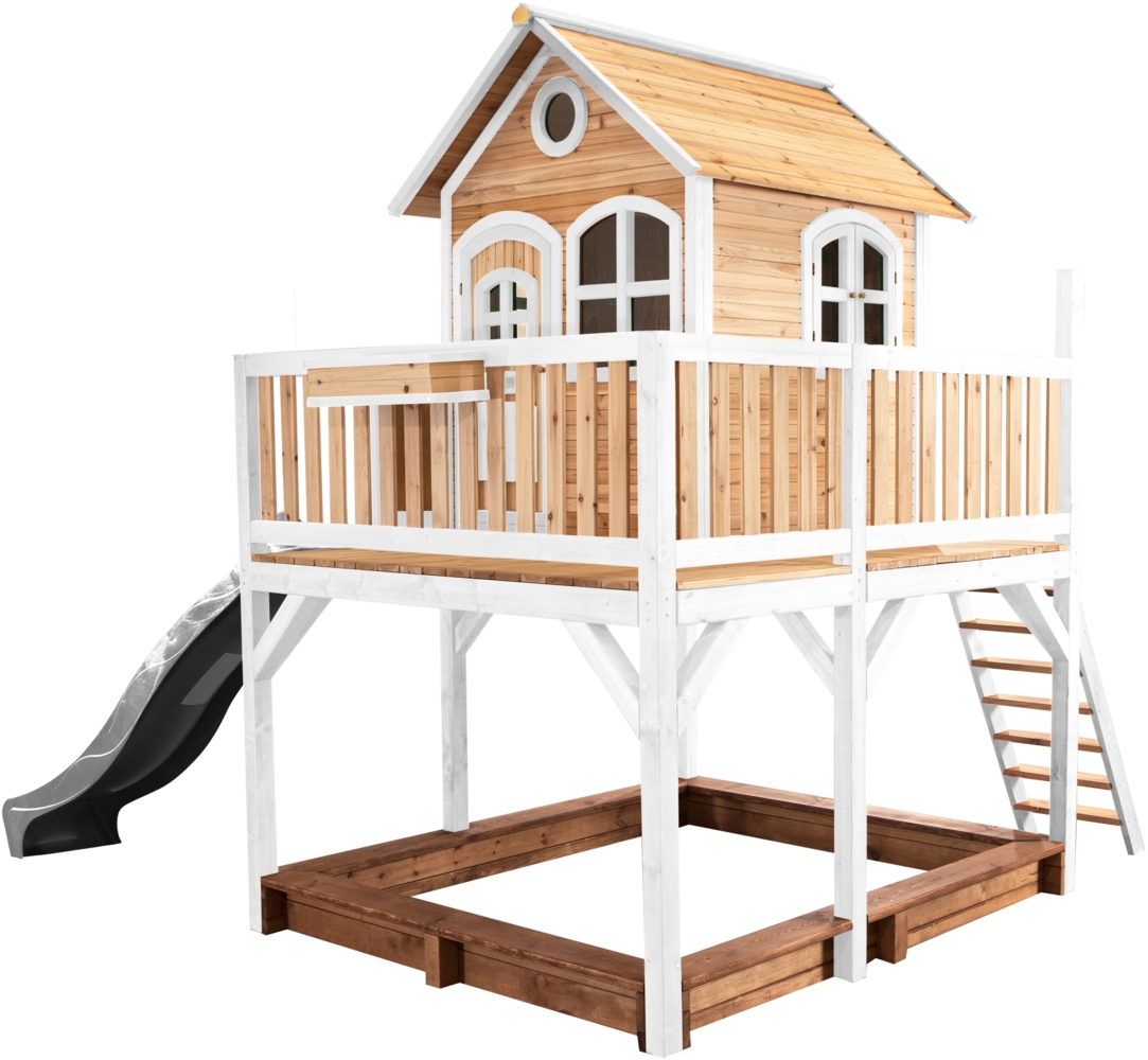 AXI Spielhaus Liam mit Sandkasten & grauer Rutsche Stelzenhaus XXL in Braun & Weiß aus FSC Holz für Kinder | Braun, weiß, grau | Holz | 255 cm Bild 1