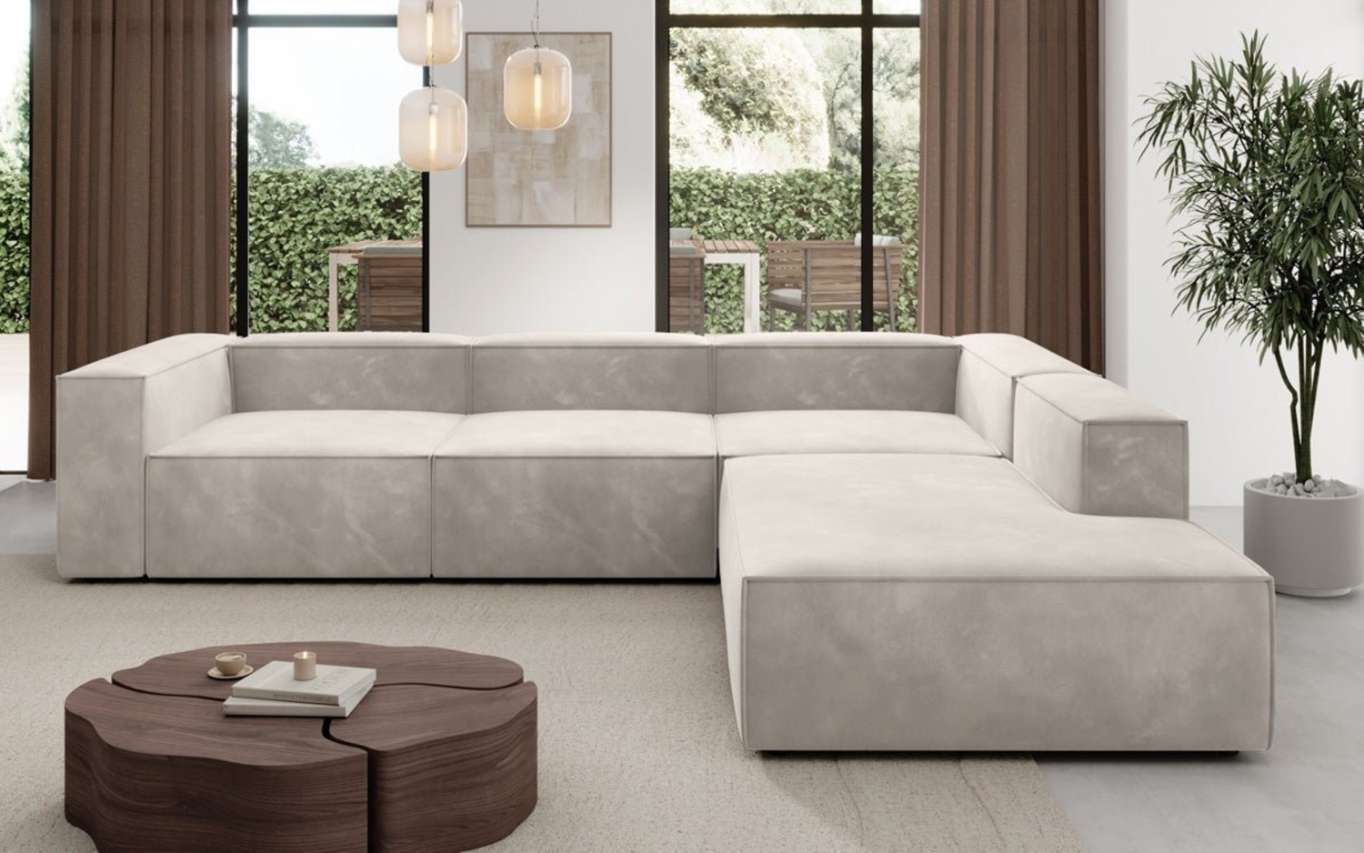 Luxusbetten24 Sofa Designer Sofa Lesley L in Samt, mit langer Ottomane Bild 1