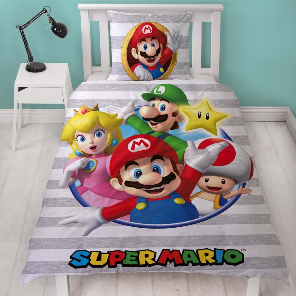 Nintendo Super Mario Bettwäsche für Jungen Kinderbettwäsche 135x200 80x80 cm aus 100% Baumwolle mit grauem Motiv Bild 1