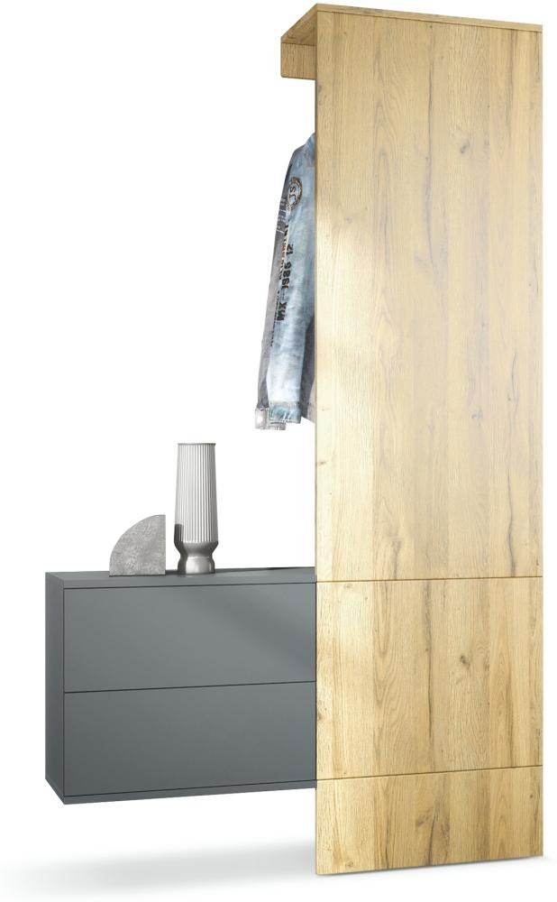 Garderobe Carlton Set 2, Wandgarderobe aus Deko-Paneel & hängender Schubladen-Kommode, Anthrazit matt/Eiche Natur (105 x 193 x 35 cm) Bild 1