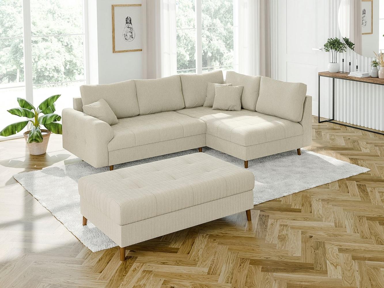 S-Style Möbel Ecksofa und Hocker Zara mit Schlaffunktion und Braun Holzfüßen aus Cord-Stoff, Ottomane links oder rechts bestellbar. Schlaffunktion in Kombination mit Hocker möglich, mit Wellenfederung Bild 1