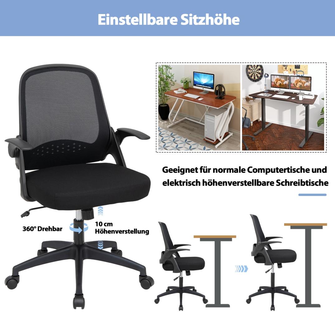 COSTWAY Bürostuhl höhenverstellbar, Schreibtischstuhl mit klappbaren Armlehnen, mittlerer Rückenlehne, Wippfunktion & Lordosenstütze, Drehstuhl bis 150 kg belastbar, Schwarz Bild 1