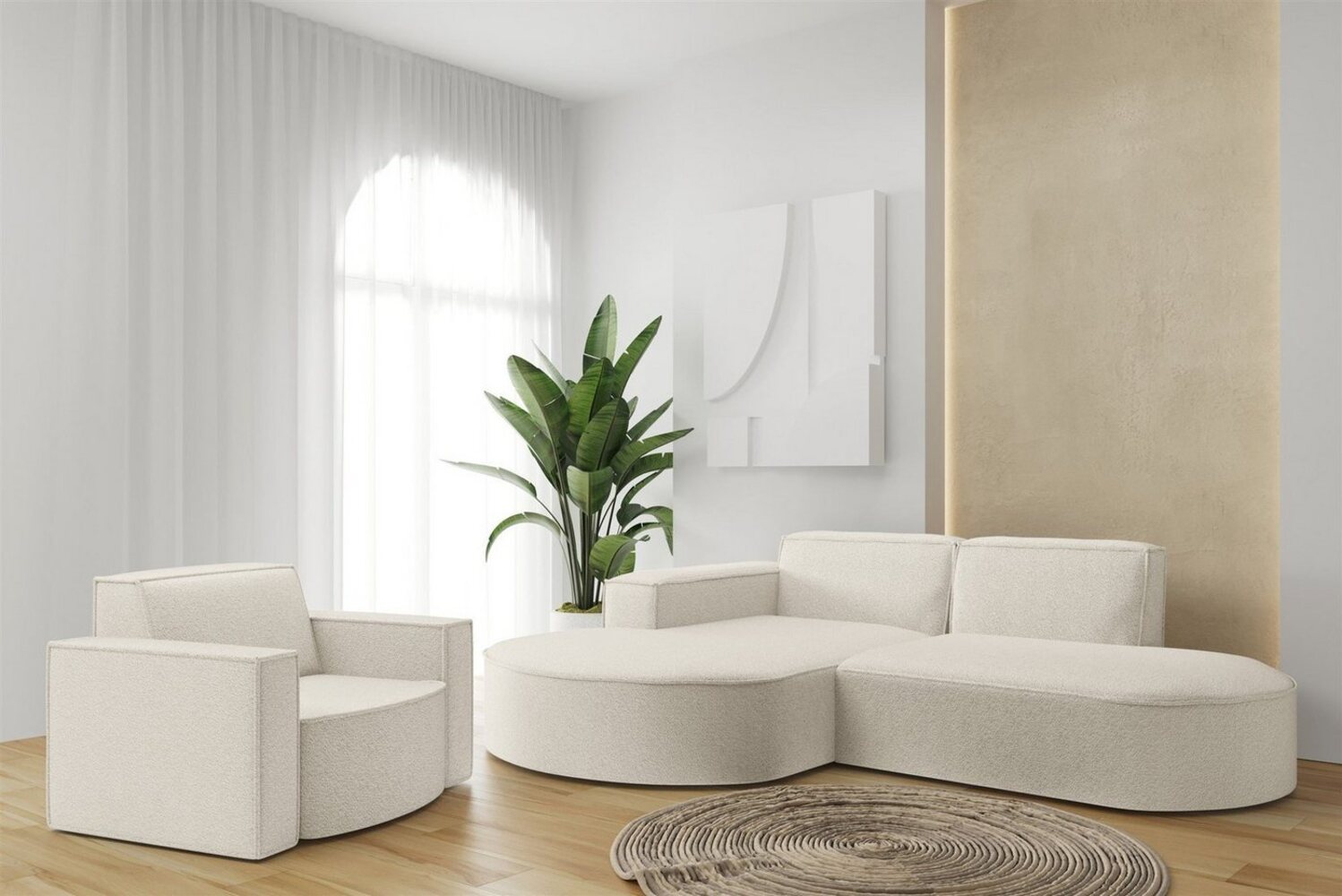 Sofa Set 2-teilig Sessel und Ecksofa PALMA XS Stoff Ascot Beige Ottomane Links Bild 1