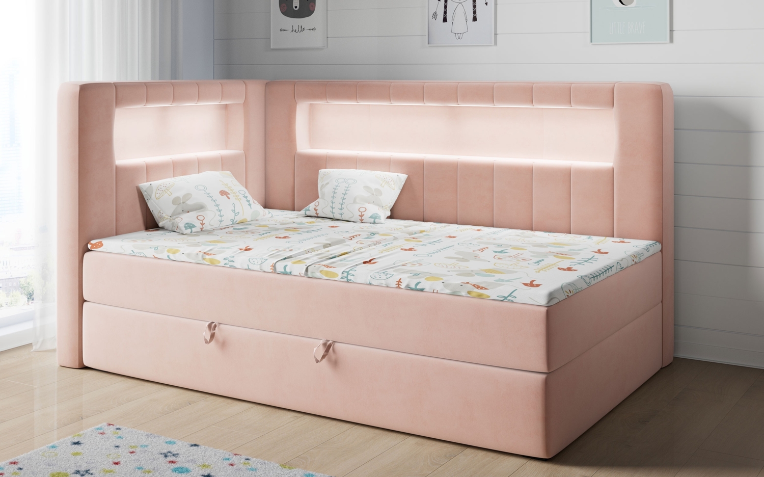 Boxspringbett mit LED, Einzelbett mit Bettkasten und Topper - JUNIOR GOLD 3 - 90x200 cm - Rosa - Linke Seite Bild 1