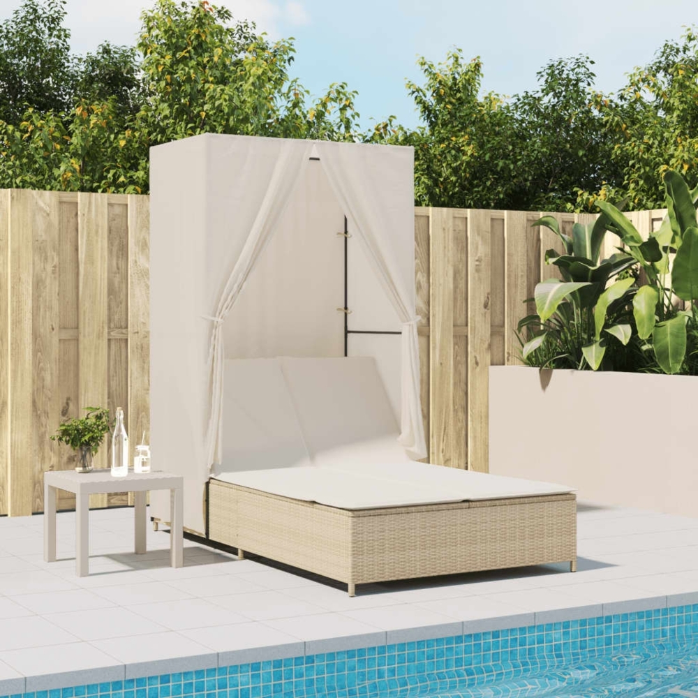 vidaXL Doppel-Sonnenliege mit Dach und Vorhängen Beige Poly Rattan 368103 Bild 1