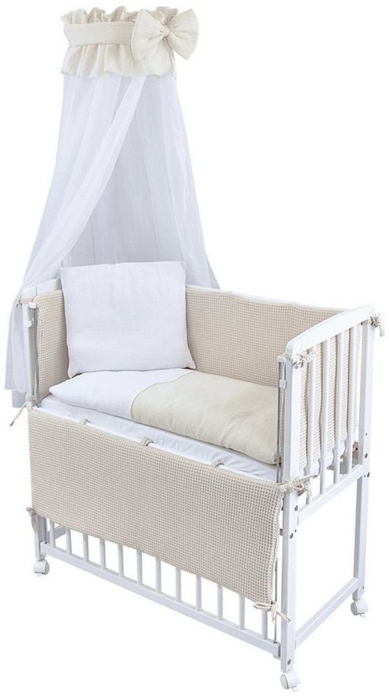 Baby-Delux Stubenbett Beistellbett Komplettset Waffelpique Musselin, Stillbett 90x40 weiß höhenverstellbar, Matratze inkl. komplett Set Bild 1